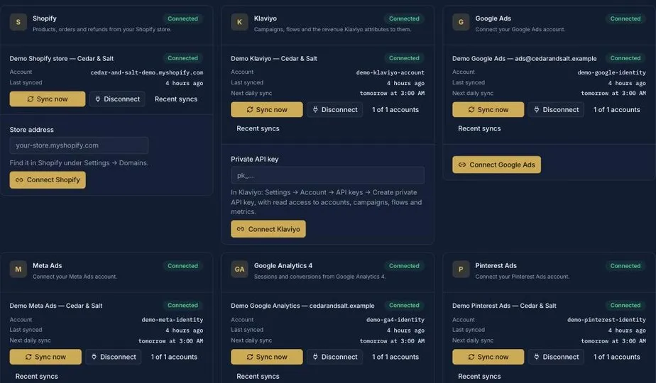 Connected accounts list inside ChannelHawk, showing sync status per platform